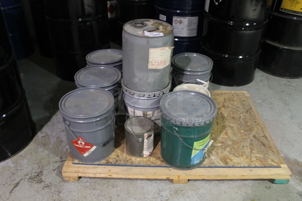 ALL ONE MONEY! PALLET LOT of Various Barrels Including 6411 Equipment Enamel, Tint-ayd EP 30-43 Light Lemon Yellow Oxide, Butt Putty Epoxy Crack Filler. BUYER MUST REMOVE. - Image 1 of 8