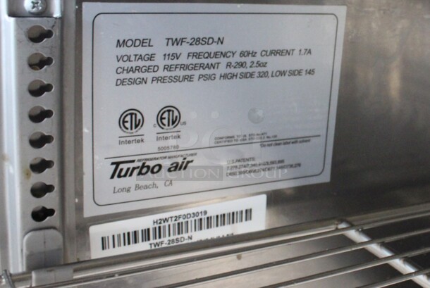 Turbo Air Model TWF-28SD-N Stainless Steel Commercial Single Door Work Top Freezer w/ Back Splash on Commercial Casters. 115 Volts, 1 Phase. 27.5x30x39. Tested and Working! - Image 4 of 6