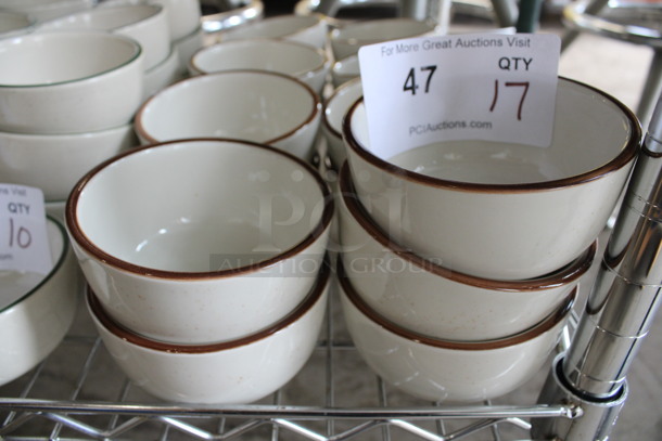 17 White Ceramic Bowls w/ Brown Line on Rim. 4.5x4.5x2.5. 17 Times Your Bid!