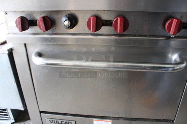 Vulcan Stainless Steel Commercial Propane Gas Powered 4 Burner Range w/ Left Side Charbroiler, Oven, Over Shelf and Back Splash. 36x33x58 - Image 5 of 8