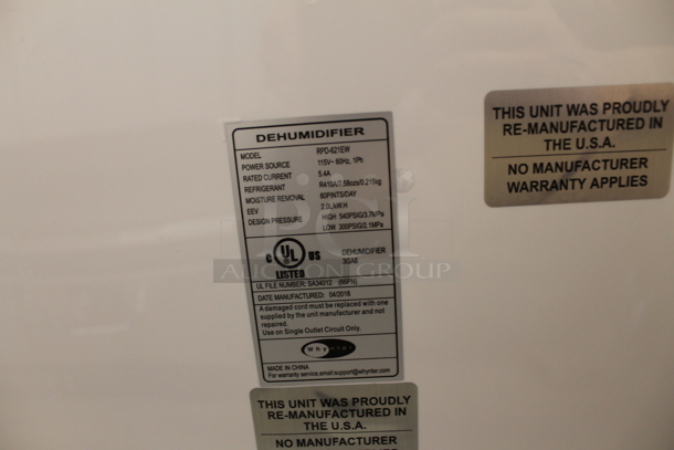 BRAND NEW SCRATCH AND DENT! Whynter RPD-621EW Energy Star 60-Pint Portable Dehumidifier. 115 Volts, 1 Phase. Tested and Working! - Image 4 of 4