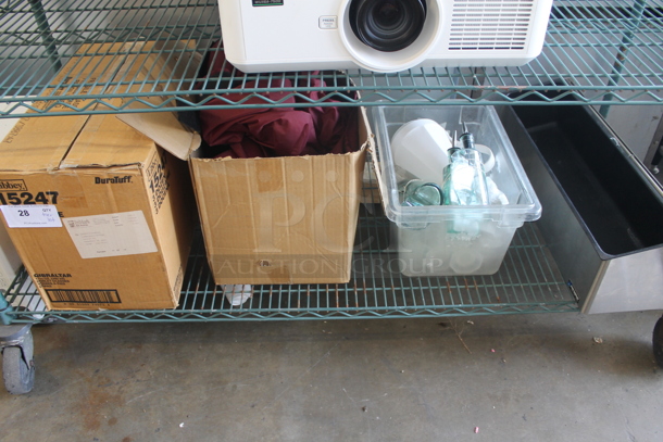 ALL ONE MONEY! Tier Lot Including Topping Rail, Plastic Bin w/ Dispensers, Linens and Libbey Glass Box - Image 1 of 4