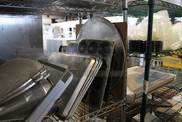 ALL ONE MONEY! Tier Lot of Items on Shelving Unit Including Metal Baking Pans, Stock Pot and China Cap Strainer. - Image 2 of 3