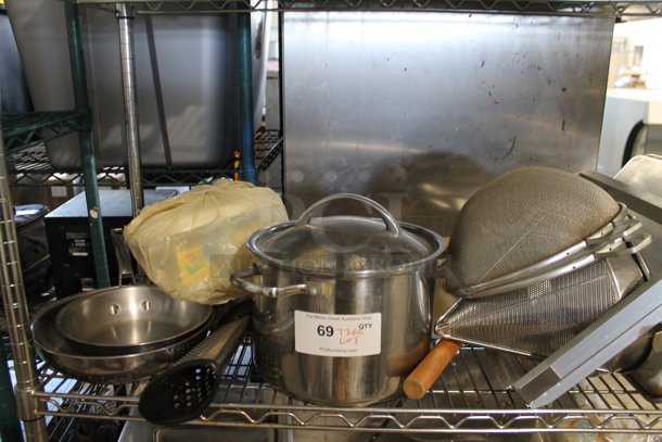 ALL ONE MONEY! Tier Lot of Items on Shelving Unit Including Metal Baking Pans, Stock Pot and China Cap Strainer. - Image 3 of 3