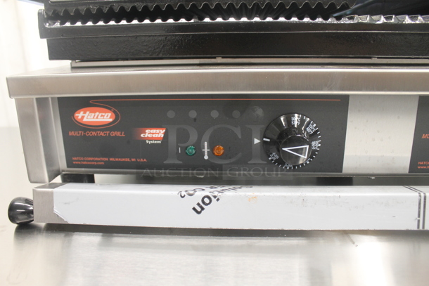 BRAND NEW SCRATCH AND DENT! Hatco MCG20G Stainless Steel Commercial Countertop Multi Contact Double Panini Sandwich Grill with Grooved Cast Iron Plates. 20" x 10 1/4" Cooking Surface. 240 Volts, 1 Phase.  - Image 4 of 7