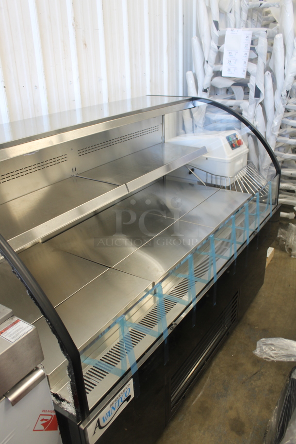 BRAND NEW SCRATCH AND DENT! 2022 Avantco 224BHAC63 Stainless Steel Commercial Black Metal Commercial Horizontal Air Curtain Merchandiser. See Pictures for Broken Side Glass Panel. 115 Volts, 1 Phase. Tested and Working! - Image 1 of 9