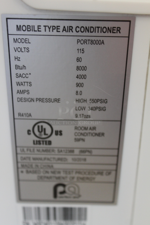 BRAND NEW SCRATCH AND DENT! Perfect Aire PORT8000A  8,000 BTU Portable Air Conditioner. 115 Volts, 1 Phase. Tested and Working! - Image 7 of 7