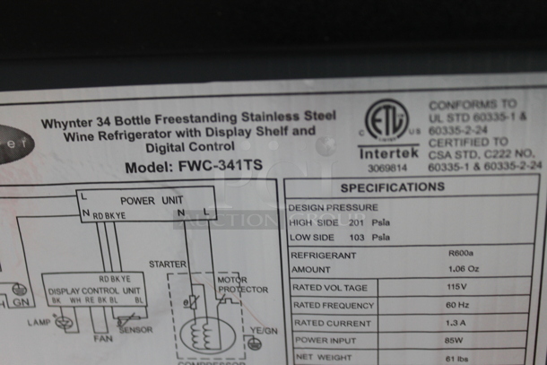 BRAND NEW SCRATCH AND DENT! Whynter FWC-341TS Stainless Steel 34 Bottle Freestanding Stainless Steel Wine Refrigerator with Display Shelf and Digital Control. 115 Volts, 1 Phase. Tested and Working! - Image 5 of 6