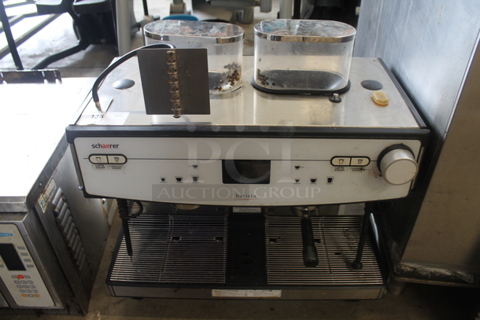 Schaerer Barista Stainless Steel Commercial Countertop 2 Group Espresso Machine w/ Portafilter, 2 Steam Wands and 2 Hoppers. 208/240 Volts, 1 Phase.