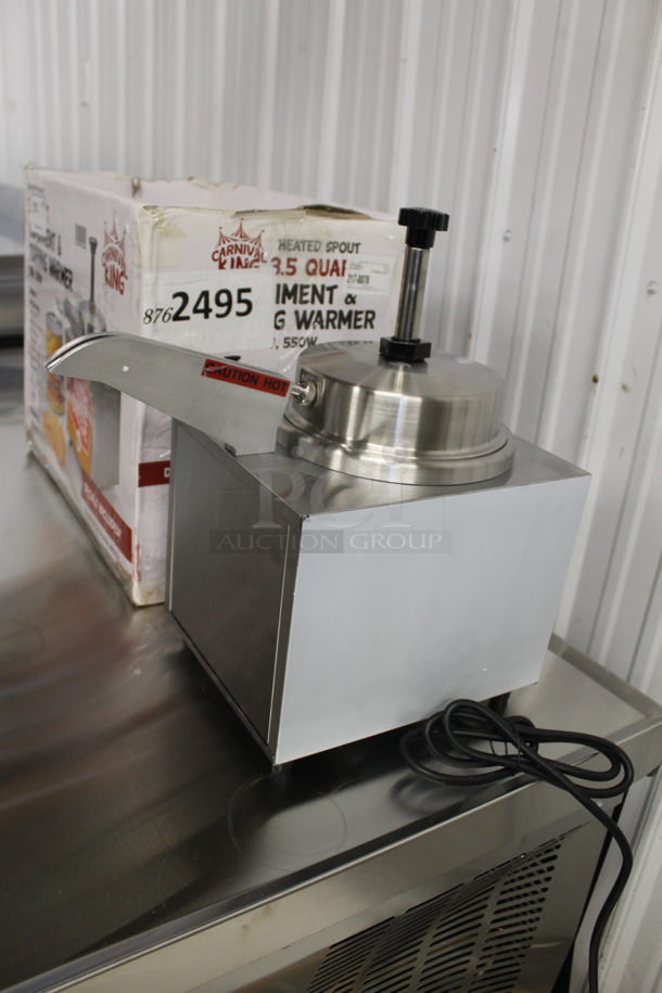 BRAND NEW SCRATCH AND DENT! Carnival King 382HSPW35 Stainless Steel Electric Countertop 3.5 Quart Condiment And Topping Warmer With Pump. 120V. Tested And Working!  - Image 3 of 9
