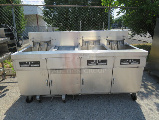 One Electric Frymaster Triple Fryer With Dump Station, And Filtration On Casters. #FPH31721BLSC. 480 Volt. 3 Phase. 80X40X46. 