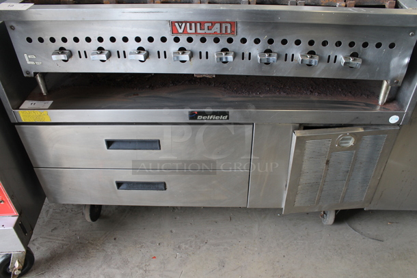 Delfield F17C52-C Stainless Steel Commercial 2 Drawer Chef Base w/ Back and Side Splash Guards on Commercial Casters. 115 Volts, 1 Phase. Tested and Working!