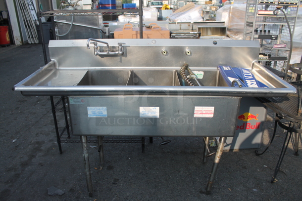 S&G Commercial Stainless Steel Flushmount 3 Bay Sink With Left Drain Board And Gooseneck Faucet on Galvanized Legs. 