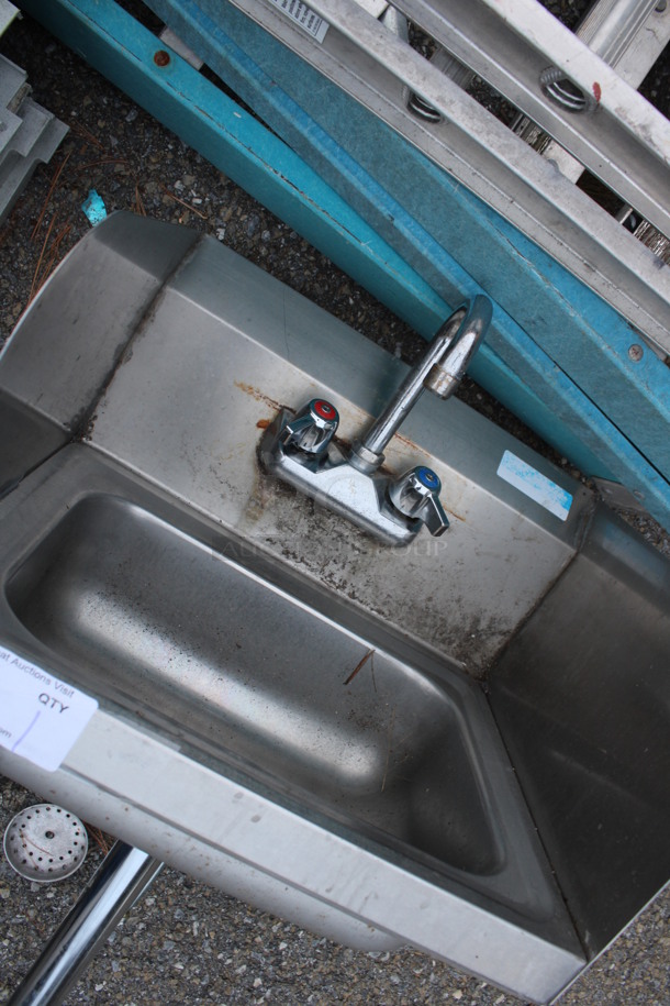 Stainless Steel Commercial Single Bay Wall Mount Sink w/ Faucet, Handles and Side Splash Guards. 17x16x34 - Image 3 of 4