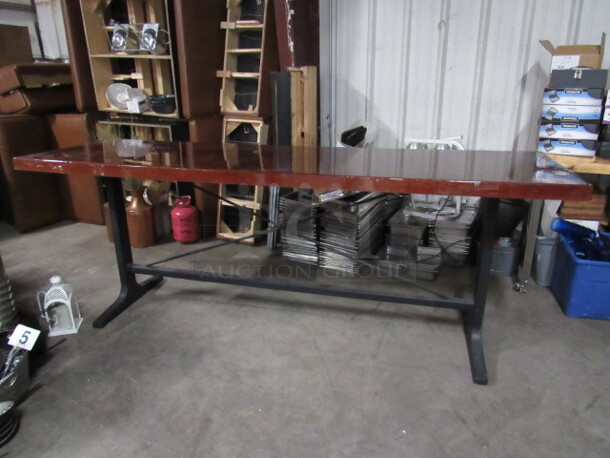 One Bar Height Wooden Table With Heavy Laquered Top, And An Industrial Looking Metal Base. 110X32X41 - Image 3 of 4