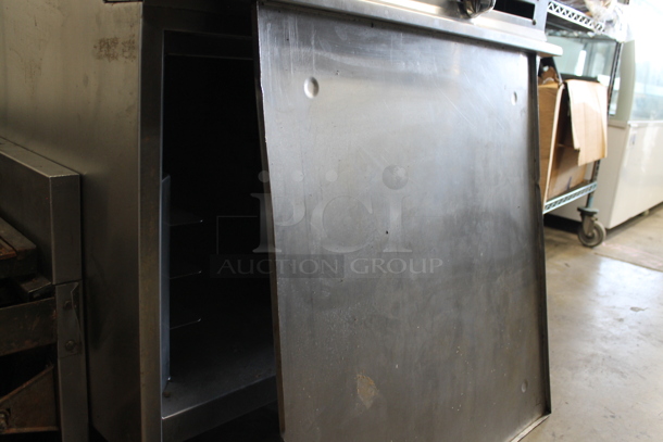 Stainless Steel Commercial Countertop Natural Gas Powered 2 Burner Charbroiler Grill and Flat Top Griddle Station w/ 2 Tier Over Shelf on Commercial Casters. - Image 11 of 11