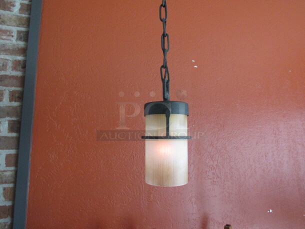 Black Metal Pendant Light Fixture With Beige Glass Globe And Chain. 2XBID. BUYER MUST REMOVE