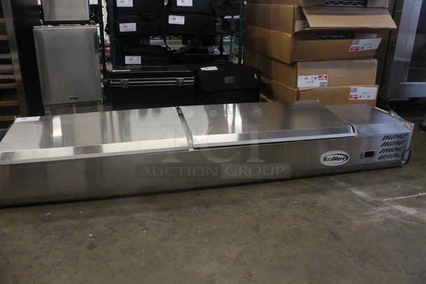 BRAND NEW SCRATCH AND DENT! 2022 KoolMore SCDC-8P-SSL Stainless Steel Commercial Countertop Refrigerated Rail w/ 2 Lids and Drop In Bins. 115 Volts, 1 Phase. Tested and Working!