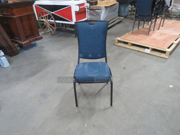 AWESOME Black Metal Stack Banquet Chair With Blue/Black Zebra Pattern Cushioned Seat And Back. 5XBID - Image 1 of 3