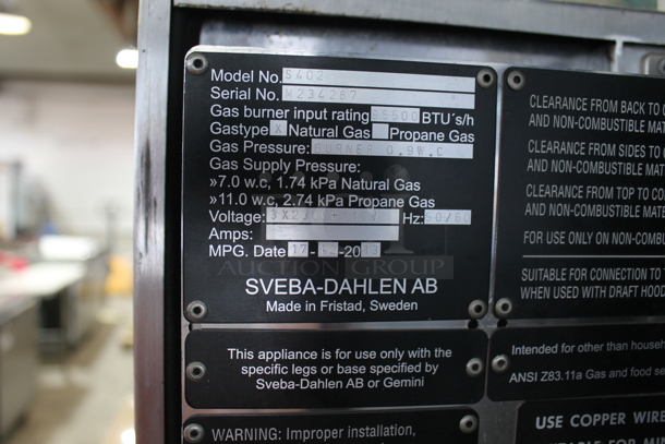 2013 Sveba Dahlen Gemini S402 Stainless Steel Commercial Floor Style Natural Gas Powered Mini Rotating Rack Oven on Commercial Casters.  - Image 11 of 12