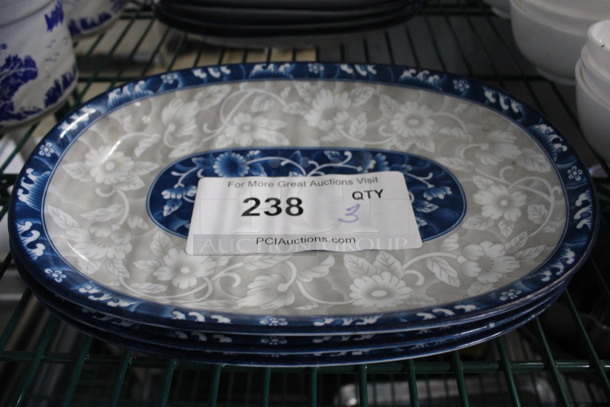 3 White and Blue Ceramic Oval Plates. 10.25x7x1.5. 3 Times Your Bid!