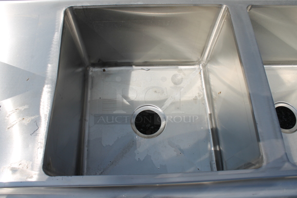 BRAND NEW SCRATCH AND DENT! Regency 60031717224 103" 16-Gauge Stainless Steel Three Compartment Commercial Sink with Galvanized Steel Legs and 2 Drainboards. Bays 17x17x12. Drain Boards 22x19x1 - Image 4 of 8