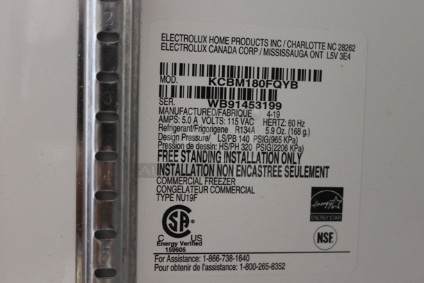Electrolux KCBM180FQYB ENERGY STAR Stainless Steel Commercial Single Door Reach In Freezer on Commercial Casters. 115 Volts, 1 Phase. Tested and Working! - Image 4 of 5