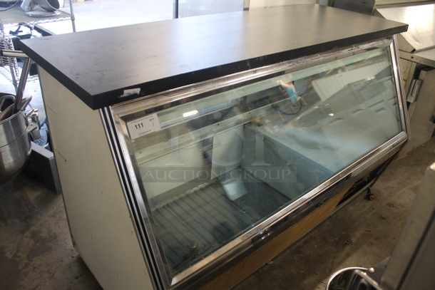 Marc Refrigeration FIC 6 S/C Commercial Glass Front Refrigerated Deli Case With Black Top And Faux Wood Bottom Detail. 115V, 1 Phase. Tested and Working!