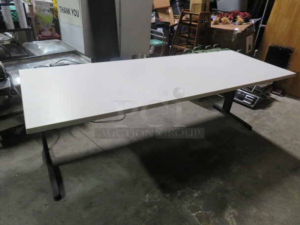 One White Laminate Table Top On A Dual Pedestal Base. 84X30X29