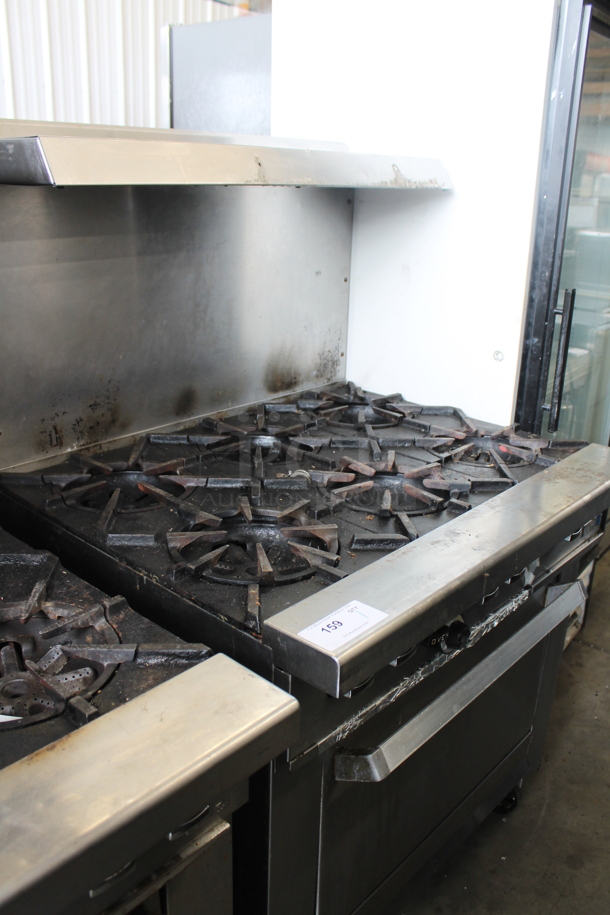 Stainless Steel Commercial Natural Gas Powered 6 Burner Range w/ Oven, Over Shelf and Back Splash. - Image 1 of 5