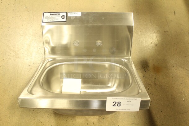 NEW! Krowne Model HS-3 Commercial Stainless Steel Hand Sink. 16x15x13