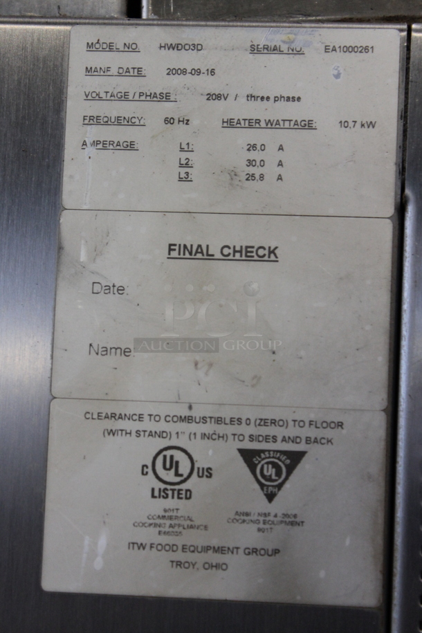 Hobart HWD03D Stainless Steel Commercial Electric Powered Triple Deck Bakery Oven on Pan Rack w/ Commercial Casters. 208 Volts, 3 Phase.  - Image 9 of 11