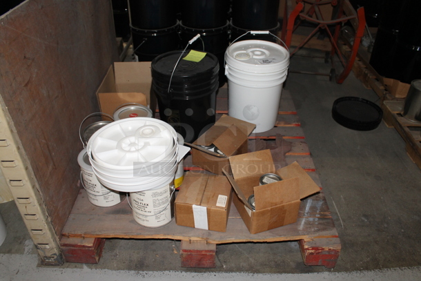 ALL ONE MONEY! PALLET LOT w/ Various Buckets Including Pro Flex Hardener Part B Clear Blue HV. BUYER MUST REMOVE. - Image 1 of 5