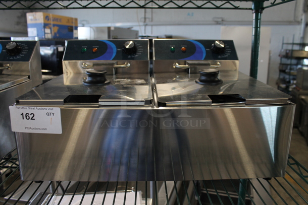 BRAND NEW SCRATCH AND DENT! 2023 Hoocoo FRY-20L Stainless Steel Commercial Countertop Electric Powered 2 Bay Fryer w/ 2 Lids and 2 Fry Baskets. 120 Volts, 1 Phase.