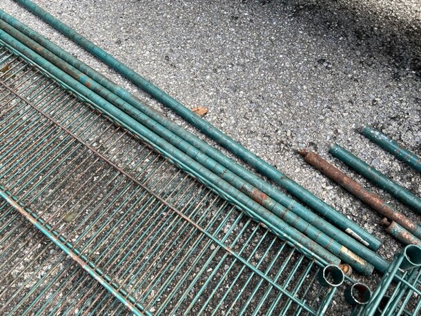 ALL ONE MONEY! Lot of 2 Green Finish Shelves and 4 Green Finish Poles! 72x21x1.5, 73" - Image 2 of 3