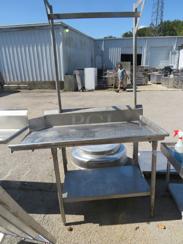 One Stainless Steel Clean Side Dish Table With Under Shelf, And Overhead Pot Rack. 54X31X87 - Image 1 of 3