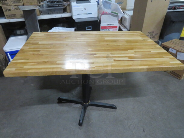 One BEAUTIFUL 1.5 Inch Thick Solid Wooden Butcher Block Table On A Pedestal Base. 48X30X30. This Table Top Looks Brand NEW! - Image 1 of 3