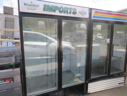 Refrigerated Glass 2 Door Merchandiser. Middle  Glass Is Broken  On Left Door. Not Tested 51X32X77.5
