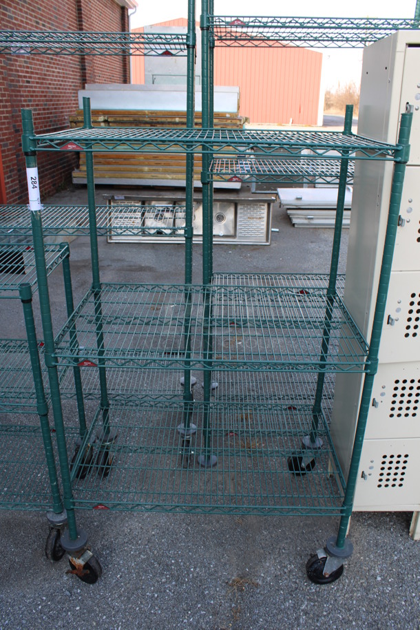 Metro Green Finish 3 Tier Shelving Unit on Commercial Casters. BUYER MUST DISMANTLE. PCI CANNOT DISMANTLE FOR SHIPPING. PLEASE CONSIDER FREIGHT CHARGES. 36x24x58