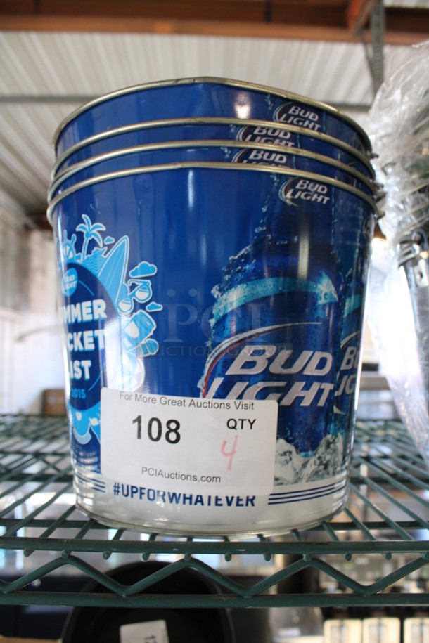 4 BRAND NEW! Metal Bud Light Beer Buckets. 9.5x9.5x7. 4 Times Your Bid!