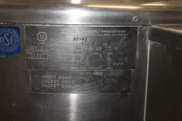 Groen EE-40 Stainless Steel Commercial Floor Style Electric Powered 40 Gallon Steam Kettle. 440 Volts, 3 Phase.  - Image 9 of 9