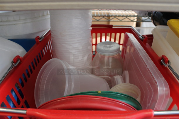 ALL ONE MONEY! Lot of Various Items Including Plastic Lids and Containers, Shopping Basket and Blue Bin! - Image 3 of 5