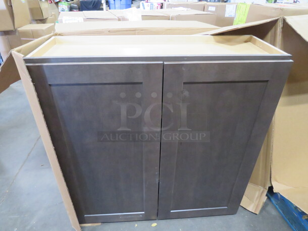 One NEW Echelon 2 Door Maple Wall Cabinet With 2 Shelves, In A Storm Finish. #W3636BD. 36X12X36
