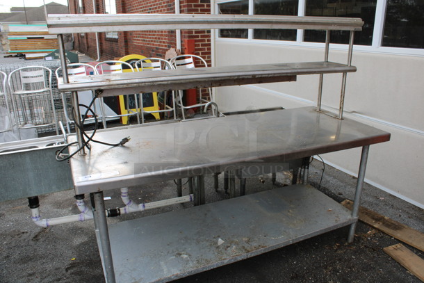 Stainless Steel Commercial Table w/ Warming Strip, Double Over Shelf and Under Shelf. 72x30x60.5