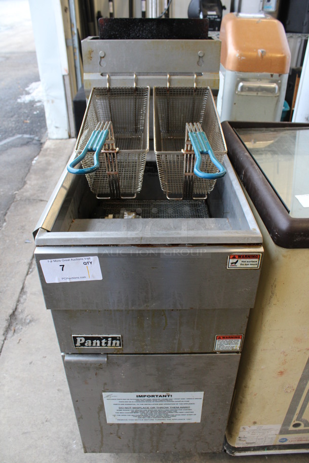 2014 Pantin Model PF30N Stainless Steel Commercial Floor Style Natural Gas Powered Deep Fat Fryer w/ 2 Metal Fry Baskets. 15.5x30x47