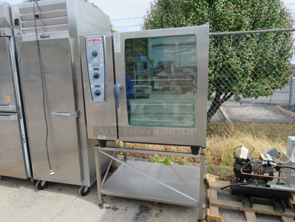One WORKING Rational Master Plus Combi Oven With 3 Racks, On A Custom Stand. 208 Volt. 3 Phase. #CMP-102. 42X39X67.5