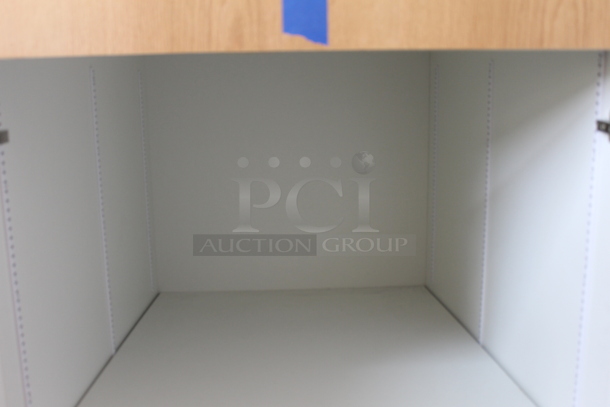 BRAND NEW! Commercial 4 Door Cabinet In Wood Style Finish With White Shelves. - Image 3 of 4