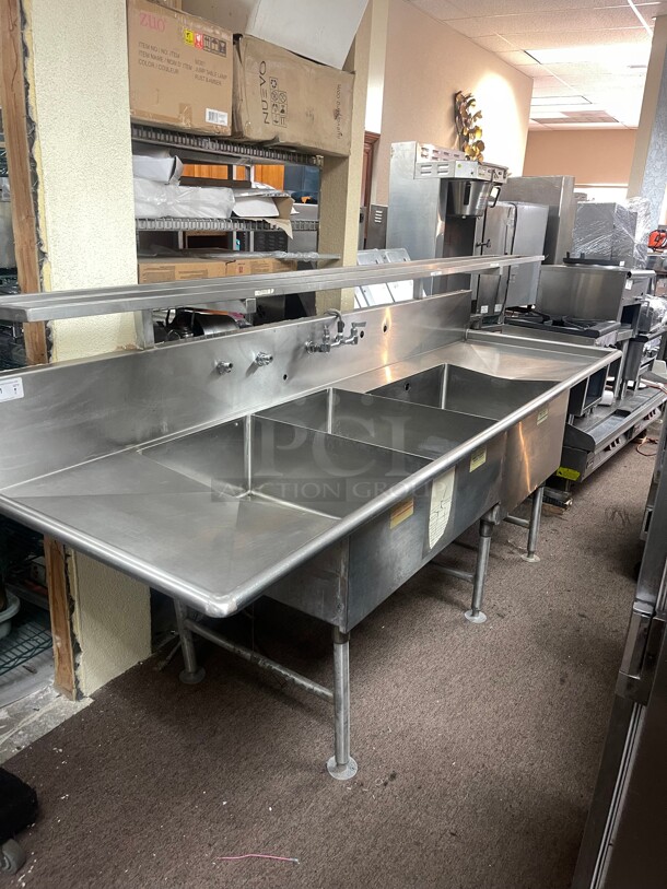 Clean! Commercial Three Compartment 120 inch x 33 inch Heavy Duty Stainless Steel Sink NSF With Pot Rack