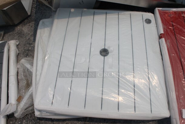 6 Outdoor Synthetic Teak Style Table Tops In White, Red, Gray, Blue With X-Shape Table Base. 6 Times Your Bid!  - Image 4 of 11