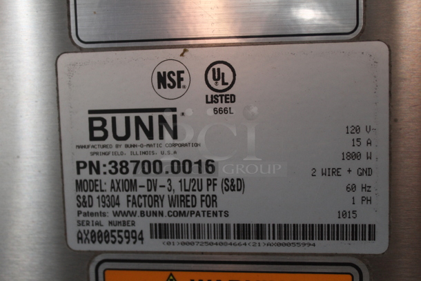 2015 Bunn AXIOM-DV-3 Stainless Steel Commercial 3 Burner Coffee Machine w/ Hot Water Dispenser. 120 Volts, 1 Phase.  - Image 4 of 4
